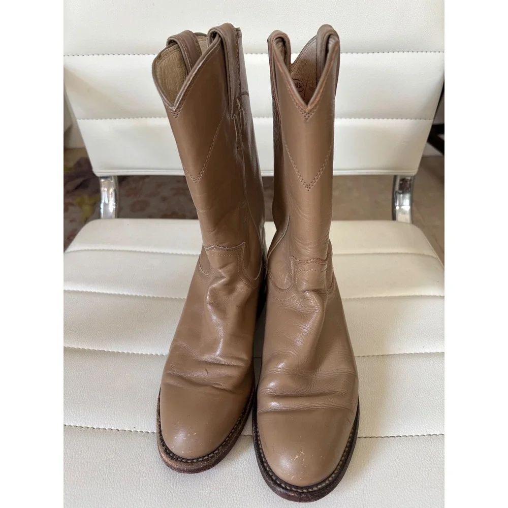 Justin Tan‎ Leather Roper Boots Round Toe Western Equestrian Low Heel Womens 4.5